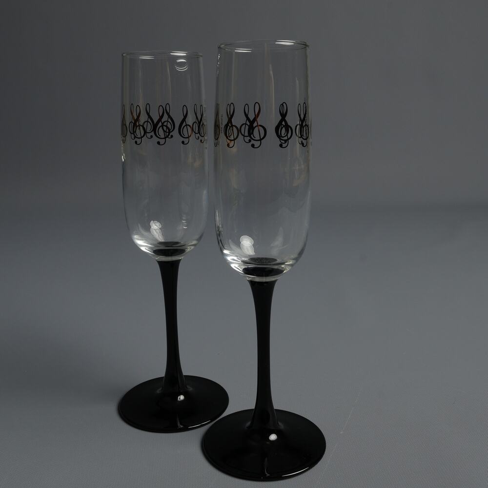 Albert Elovitz 2 Glass Champagne Flutes Black Stem Musical Treble Clef 1988 Gold